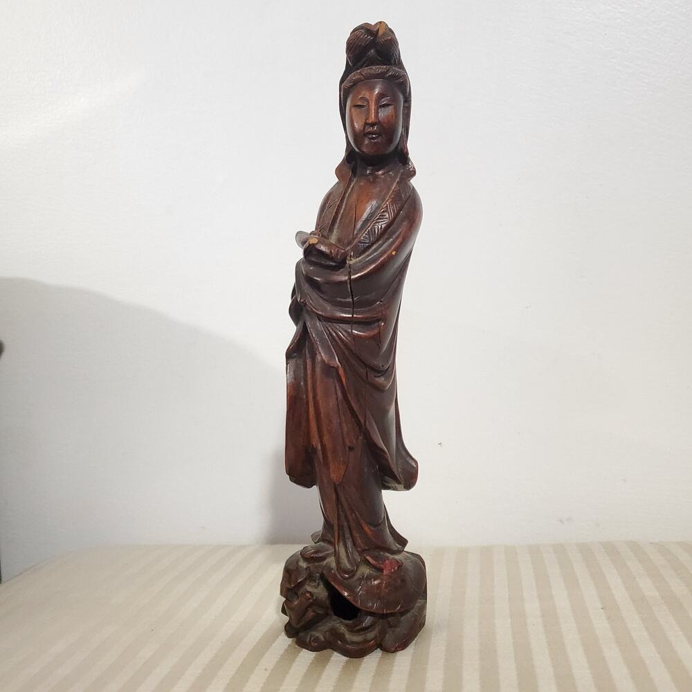 Vintage Chinese Hand Carved Wood Kwan Yin Guanyin Statue Sculpture 11.5"